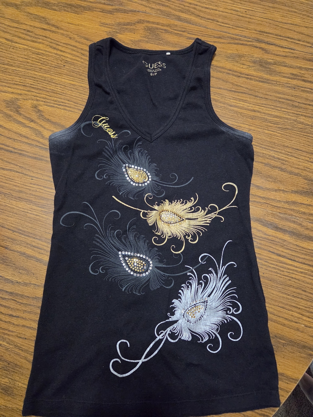 GUESS Black Tank with Gold & Silver Feather Motif